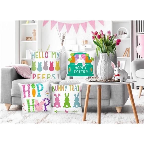 Minetom Easter Pillow Covers 18x18 Set of 4 Easter Decorations for Home Bunny - Picture 2 of 7